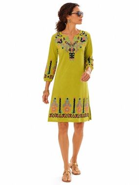 Embroidered Tunic Dress Mustard Green Beach Cover Up Boho Resort Wear Medium